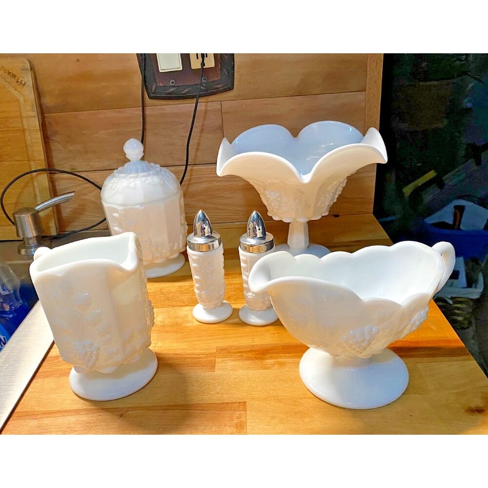 Vintage Milk Glass Grape Pattern Lot Pitcher Jar Salt Pepper Set #America250